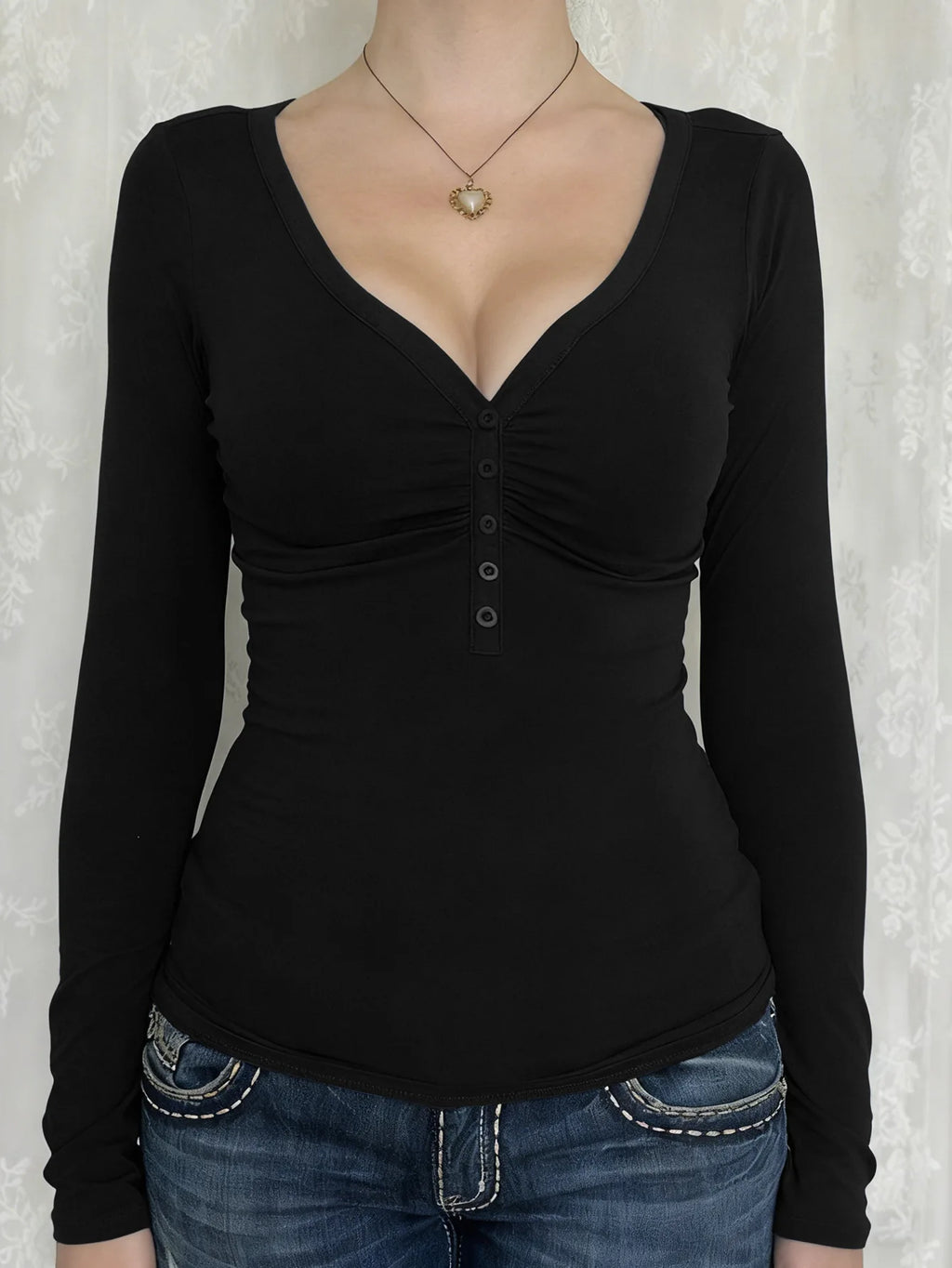 Women Y2K Slim Button V-Neck Long Sleeve Knitted T-Shirt Female Clothing Temperament Commuting Women Solid Casual Skinny Top