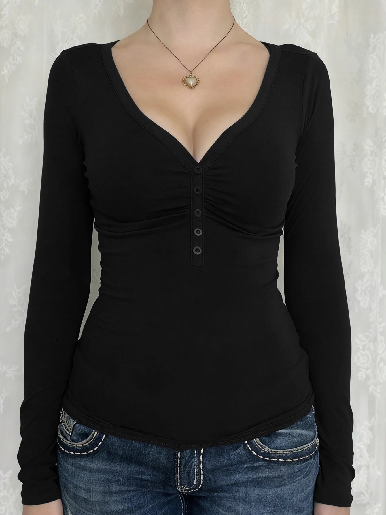 Women Y2K Slim Button V-Neck Long Sleeve Knitted T-Shirt Female Clothing Temperament Commuting Women Solid Casual Skinny Top