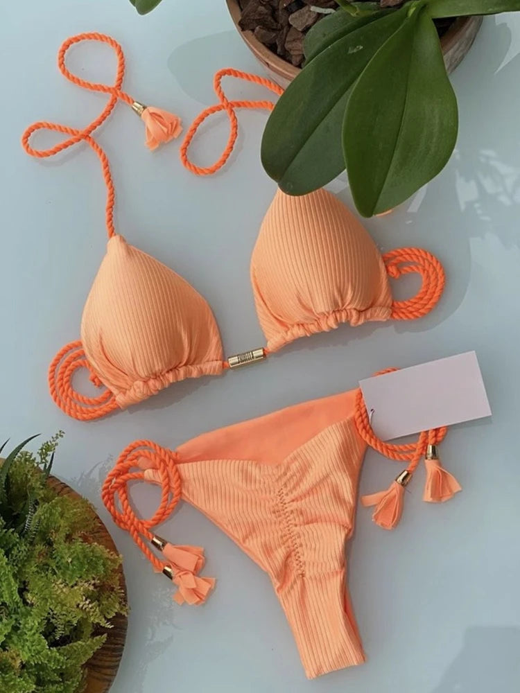 Women's Halter Tie Tassel Detail Two Piece Water Outfit Adjustable Side Drawstring Separated Swim Set for Beach Vacation Outfits