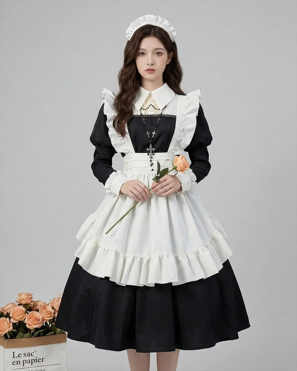 Women's Maid Lolita Dress Long Puff Sleeve Ruffle Apron Cosplay Costume with Headwear Theme Party Role Playing Outfits