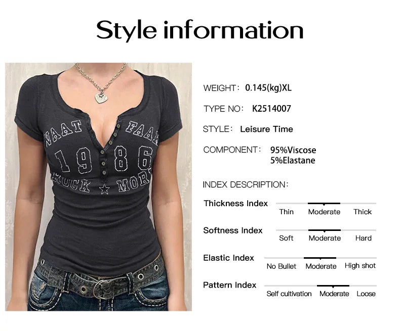 Women Vintage Graphic Print T-Shirt Short Sleeve Button Notch Neck Slim Fit Top Henley T-Shirt for Y2K Casual Streetwear