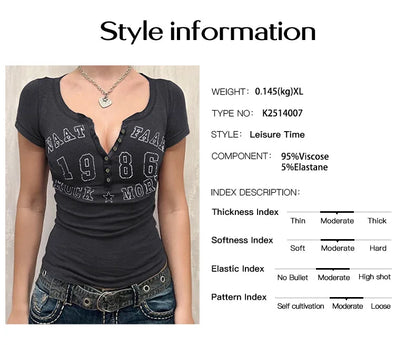 Women Vintage Graphic Print T-Shirt Short Sleeve Button Notch Neck Slim Fit Top Henley T-Shirt for Y2K Casual Streetwear
