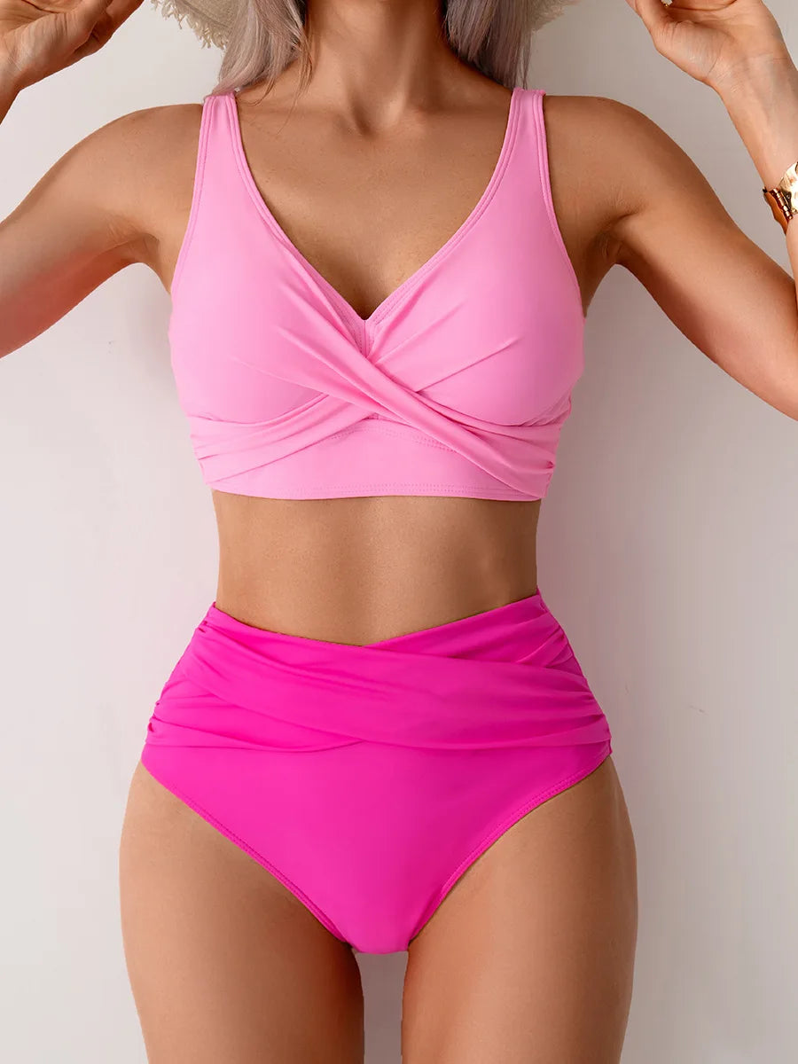 Women's Sexy Solid Color High Waist Bikini Set with Chest Pad Split Two-Piece Beach Pool Bathing Suits