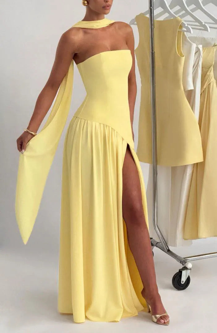 Women Strapless Asymmetrical Maxi Dress with Detachable Neck Wrap Pleated Flowy Long Evening Party Gown