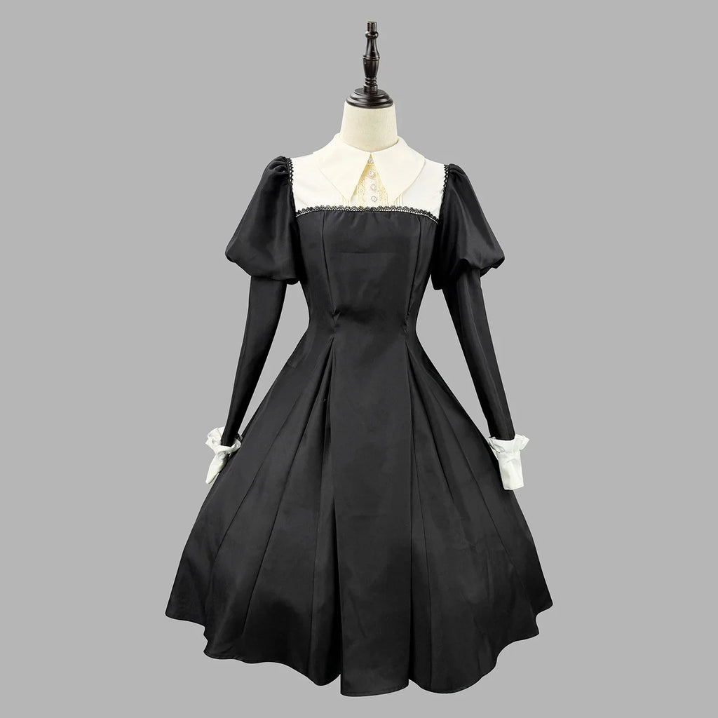 Women's Maid Lolita Dress Long Puff Sleeve Ruffle Apron Cosplay Costume with Headwear Theme Party Role Playing Outfits