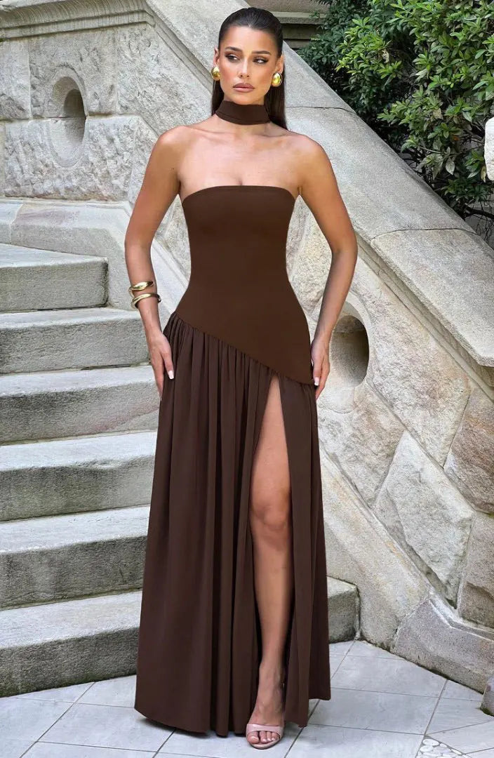 Women Strapless Asymmetrical Maxi Dress with Detachable Neck Wrap Pleated Flowy Long Evening Party Gown