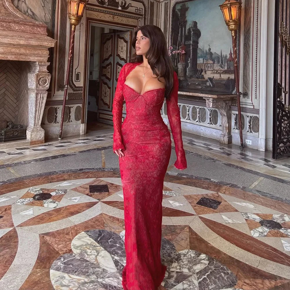 Women Halter Thin Strap Bustier Long Sleeve Shrug Sheer Floral Lace Bodycon Maxi Evening Gown Solid See Through Party Dress