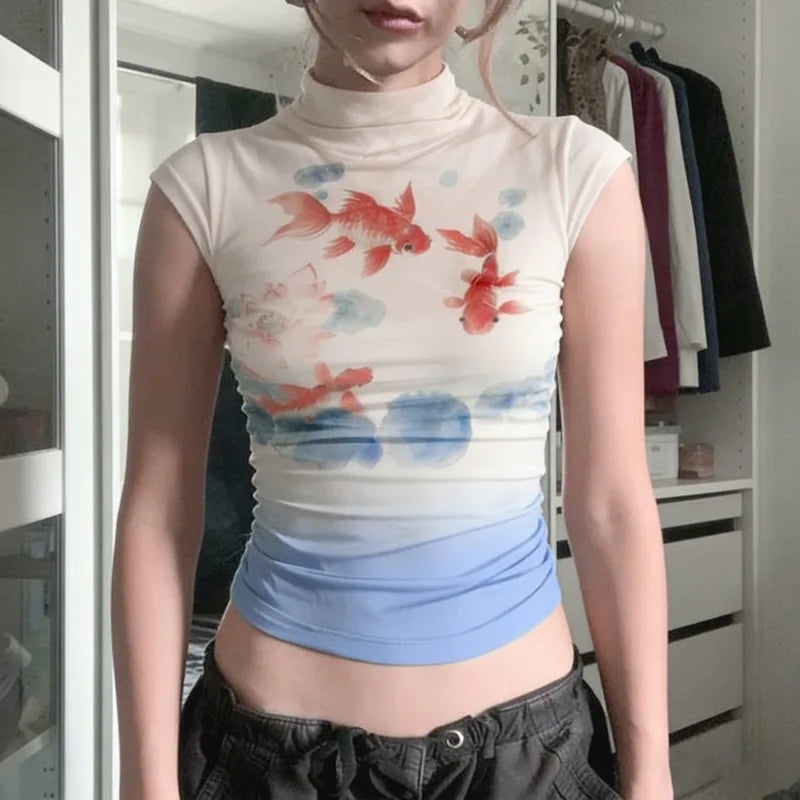 Women's Retro Vacation Style Goldfish Print Contrasting Stand Up Collar Short Sleeved T-shirt Slim Fit Slimming Casual Top