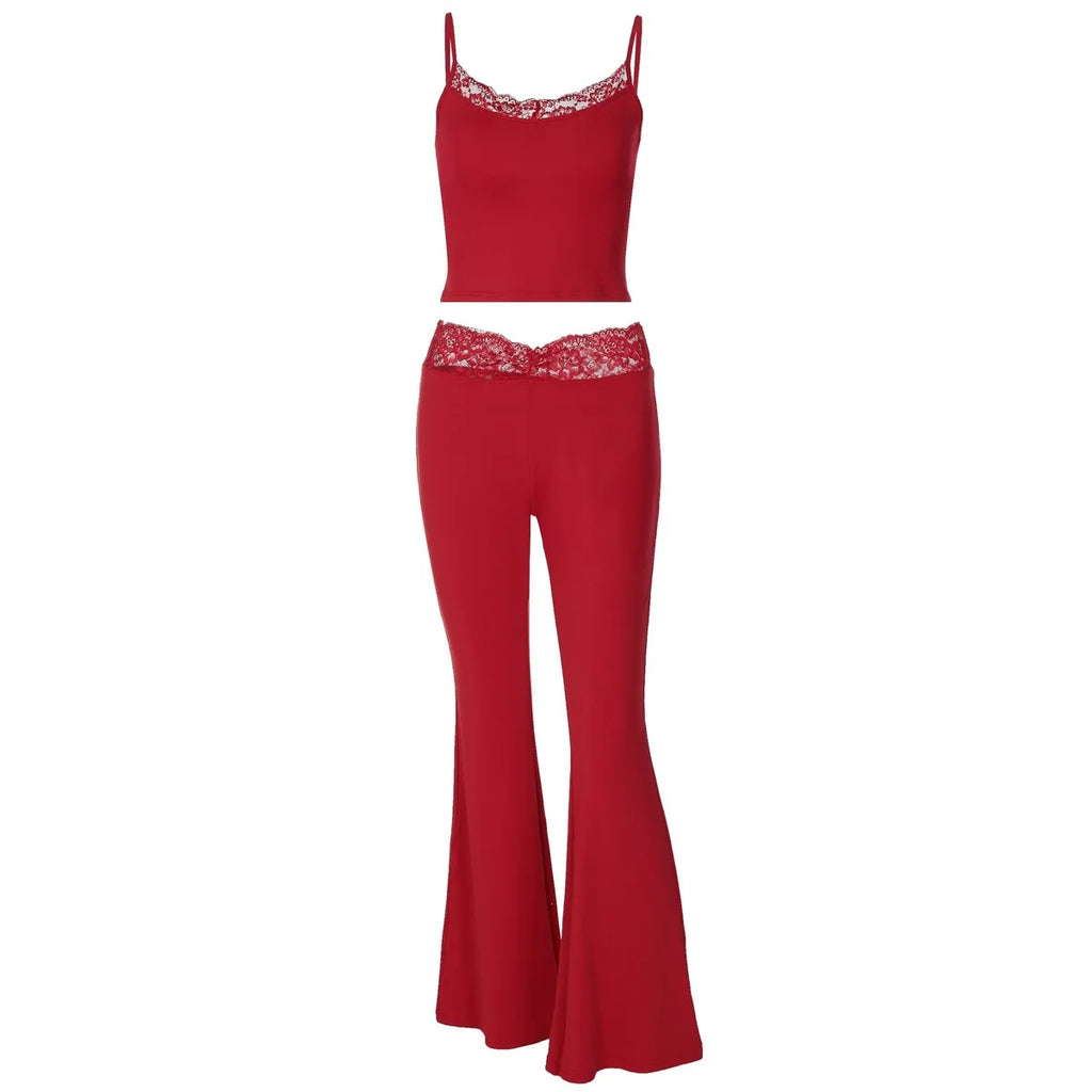 Women Summer Sexy Fungus Trim Spaghetti-Strap Tops Sexy Party Streetwear Patchwork Lace 2 Piece Sets