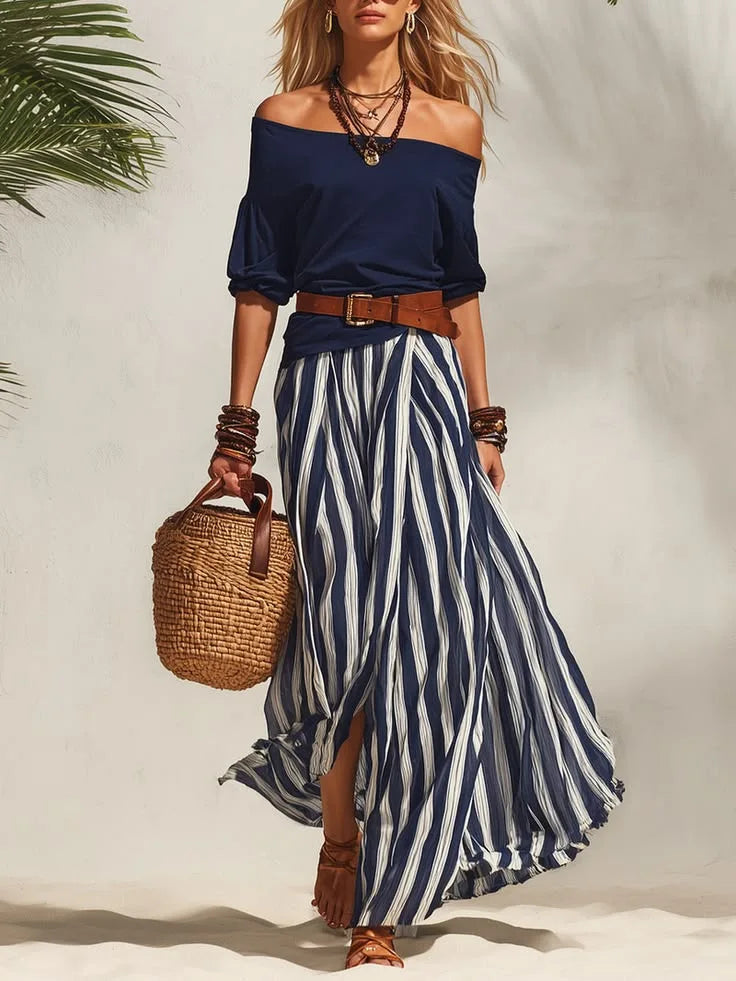 Women's Summer Off Shoulder Half Sleeve Top Vertical Stripe Split Maxi Skirt Two Piece Suit Loose Flowy Matching Set 2026