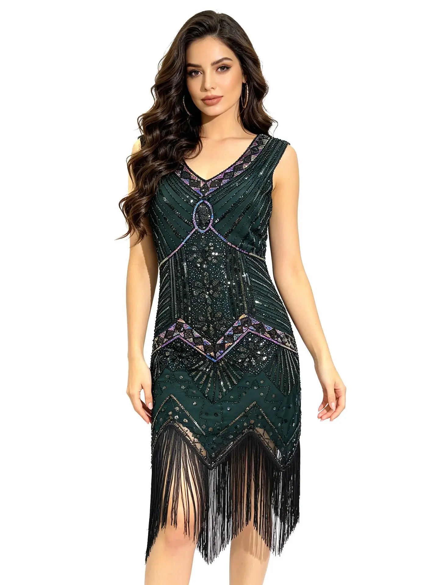 Women 1920s Flapper Dress Vintage Gatsby Beaded Sequin Fringe Midi Dress Sleeveless V Neck Roaring 20s Party Costume