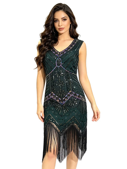 Women 1920s Flapper Dress Vintage Gatsby Beaded Sequin Fringe Midi Dress Sleeveless V Neck Roaring 20s Party Costume
