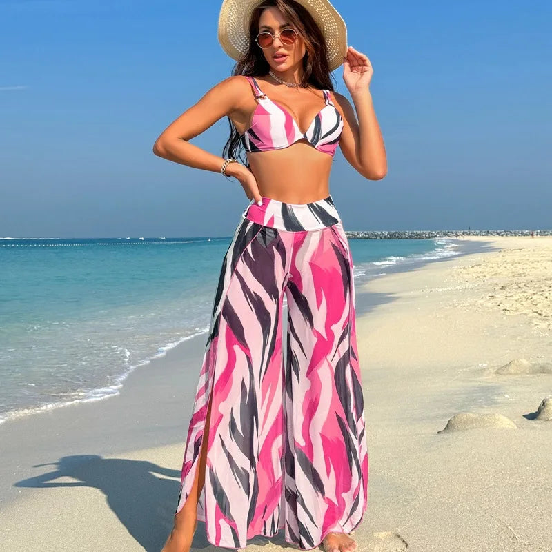 Women's Three-Piece Printed Swimsuit Set Fashion Split Bikini with Board Shorts Three-Piece Swimwear Summer Beachwear