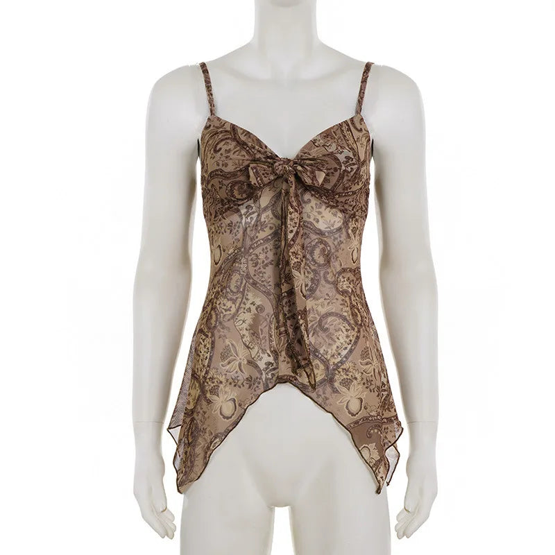 New Vintage Print Mesh Irregular Strap V-neck Sexy Slim Fit Cropped Top Vest Suitable for Streetwear Causal Women Clothing