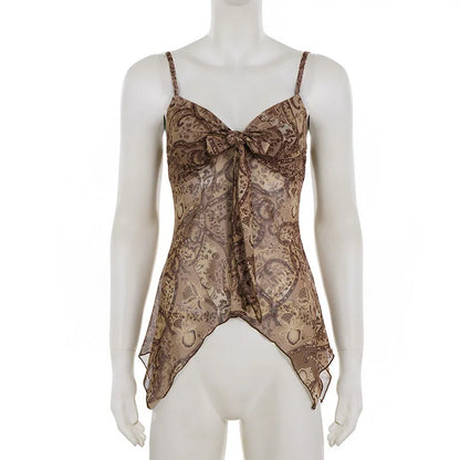 New Vintage Print Mesh Irregular Strap V-neck Sexy Slim Fit Cropped Top Vest Suitable for Streetwear Causal Women Clothing