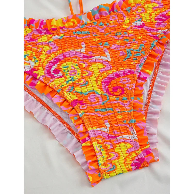 Women 2 Piece Abstract Print Ruffled Bikini Set Spaghetti Strap Front Tie High Waist Bathing Suit Summer Swimsuit for Pool Party