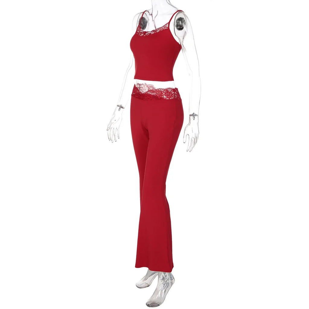 Women Summer Sexy Fungus Trim Spaghetti-Strap Tops Sexy Party Streetwear Patchwork Lace 2 Piece Sets
