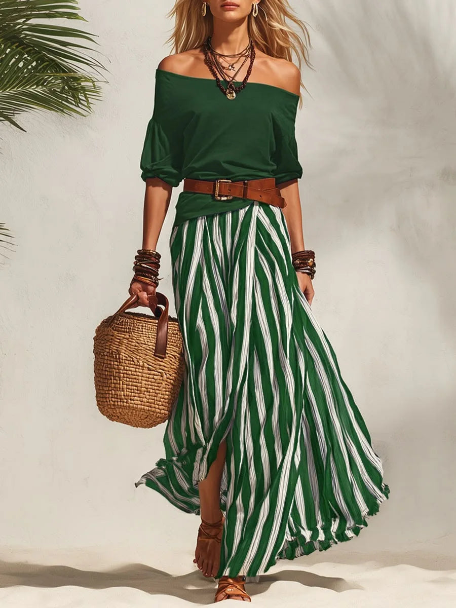Women's Summer Off Shoulder Half Sleeve Top Vertical Stripe Split Maxi Skirt Two Piece Suit Loose Flowy Matching Set 2026