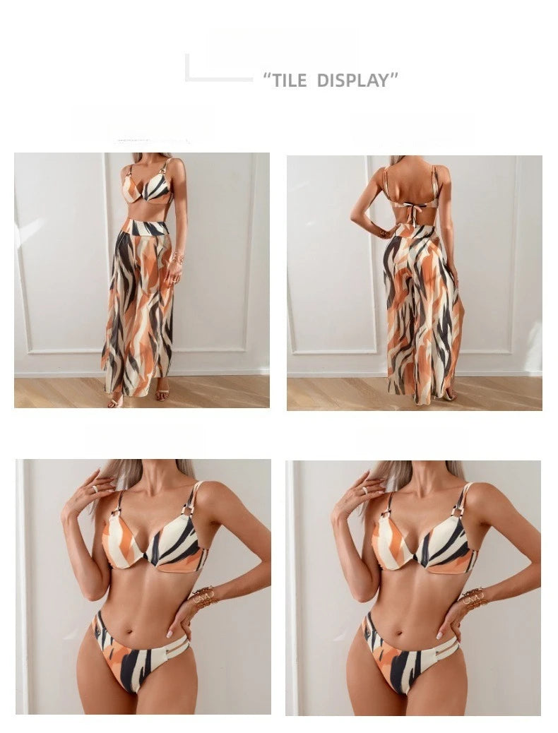 Women's Three-Piece Printed Swimsuit Set Fashion Split Bikini with Board Shorts Three-Piece Swimwear Summer Beachwear