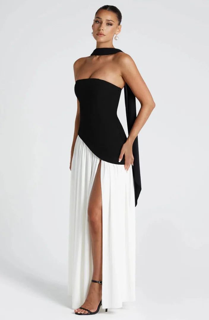 Women Strapless Asymmetrical Maxi Dress with Detachable Neck Wrap Pleated Flowy Long Evening Party Gown