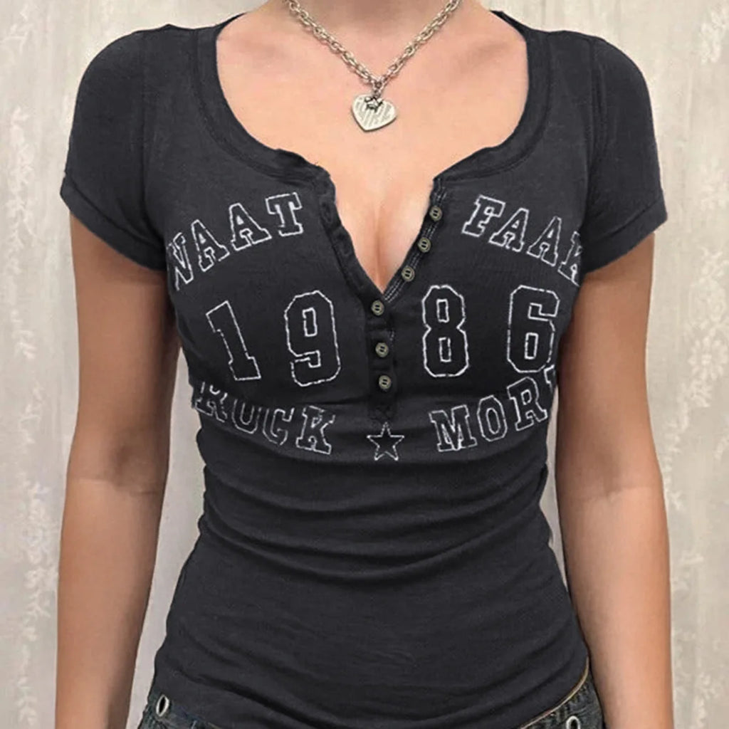 Women Vintage Graphic Print T-Shirt Short Sleeve Button Notch Neck Slim Fit Top Henley T-Shirt for Y2K Casual Streetwear