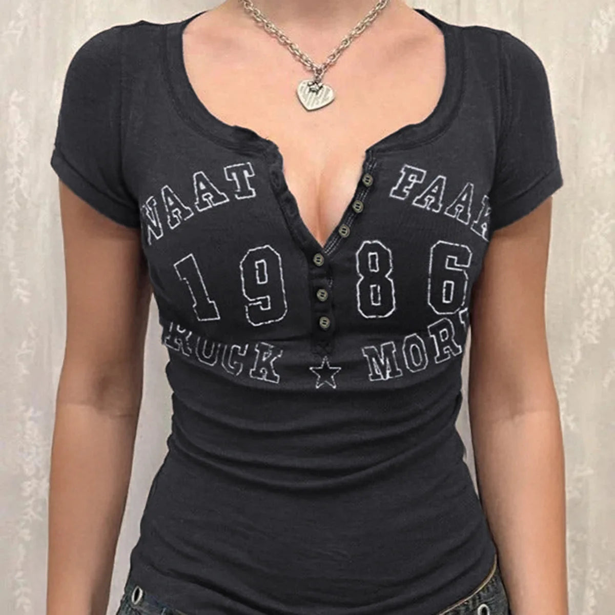 Women Vintage Graphic Print T-Shirt Short Sleeve Button Notch Neck Slim Fit Top Henley T-Shirt for Y2K Casual Streetwear