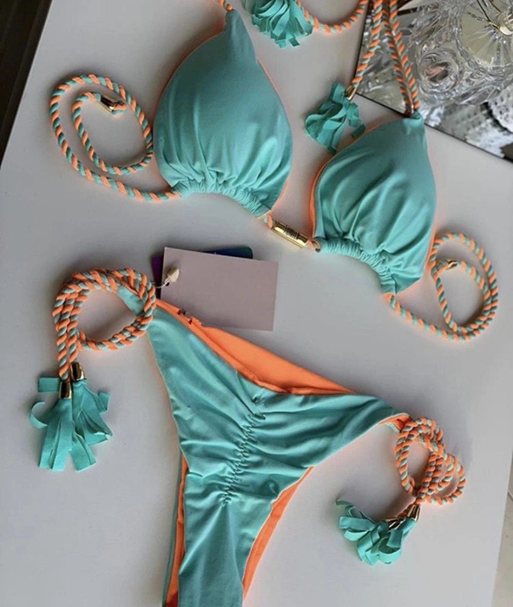 Women's Halter Tie Tassel Detail Two Piece Water Outfit Adjustable Side Drawstring Separated Swim Set for Beach Vacation Outfits