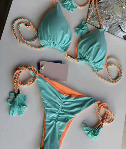 Women's Halter Tie Tassel Detail Two Piece Water Outfit Adjustable Side Drawstring Separated Swim Set for Beach Vacation Outfits