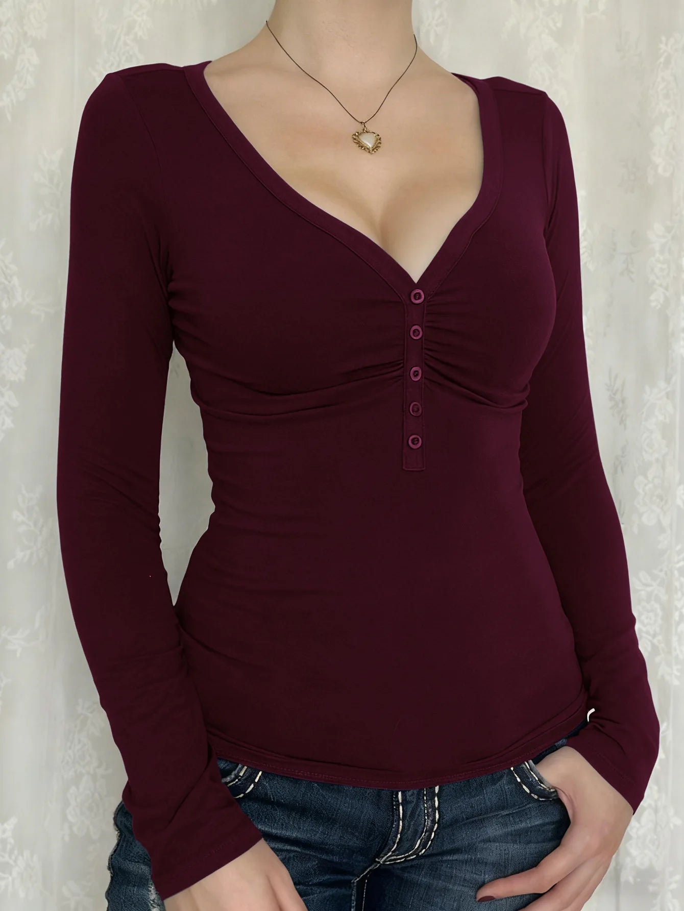 Women Y2K Slim Button V-Neck Long Sleeve Knitted T-Shirt Female Clothing Temperament Commuting Women Solid Casual Skinny Top