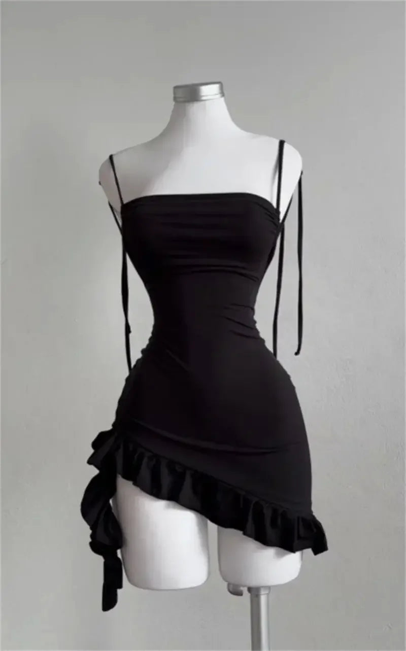 Women Lace Up Black Bodycon Dresses Strapless Backless Mini Dress Party Evening Sexy Slim Fit Ruffles Sundress