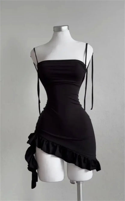 Women Lace Up Black Bodycon Dresses Strapless Backless Mini Dress Party Evening Sexy Slim Fit Ruffles Sundress