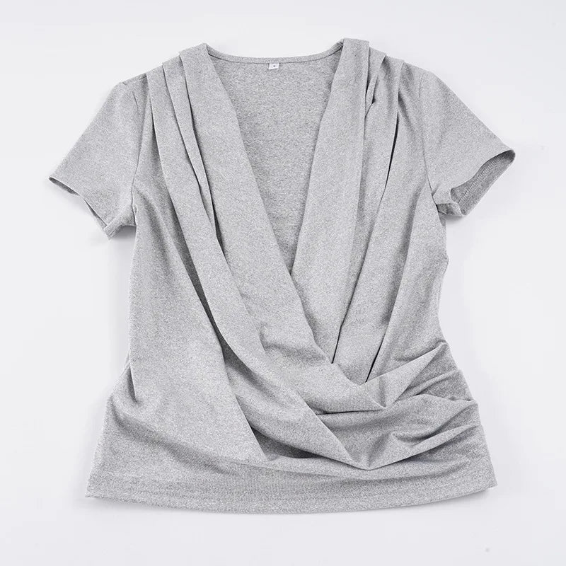 Women's Clothing Sexy Deep V-neck Fashion Design Sense Harajuku Spicy Girls Ins Versatile Solid Color Short Sleeved T-shirt