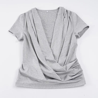 Women's Clothing Sexy Deep V-neck Fashion Design Sense Harajuku Spicy Girls Ins Versatile Solid Color Short Sleeved T-shirt