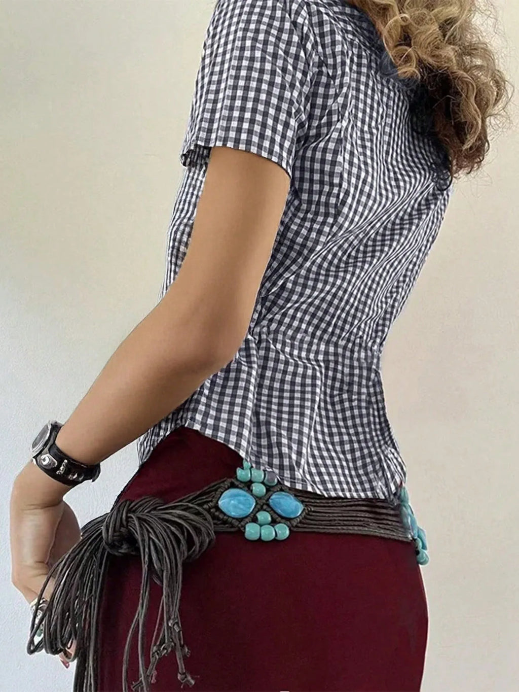 Retro Style Plaid Print Short Sleeve Collared Shirt Button Down Slim Fit Peplum Blouse for Daily Wear Brunch Women Outfits