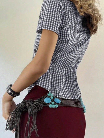 Retro Style Plaid Print Short Sleeve Collared Shirt Button Down Slim Fit Peplum Blouse for Daily Wear Brunch Women Outfits