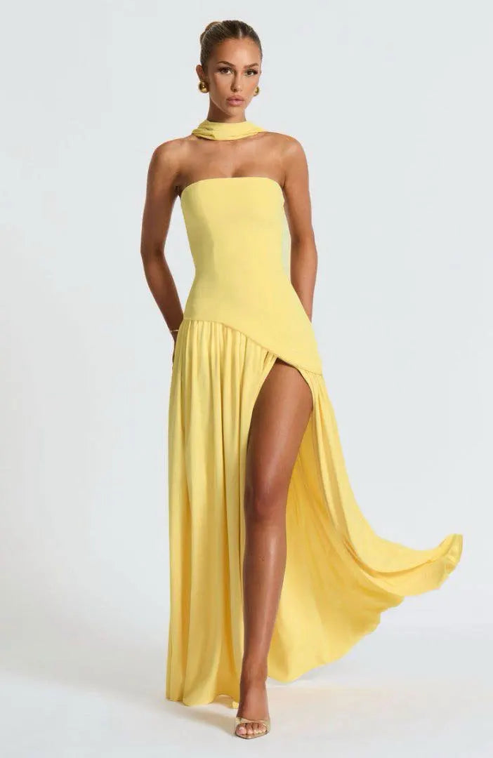 Women Strapless Asymmetrical Maxi Dress with Detachable Neck Wrap Pleated Flowy Long Evening Party Gown
