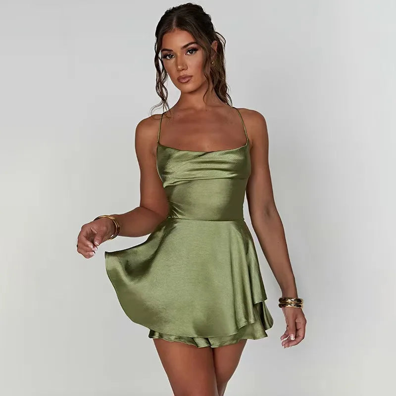 Women Sexy Satin Sleeveless Cami Playsuit Solid Cowl Neck Cross Tie Backless Short Jumpsuit Fashion Slim Fit Summer Romper