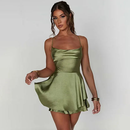 Women Sexy Satin Sleeveless Cami Playsuit Solid Cowl Neck Cross Tie Backless Short Jumpsuit Fashion Slim Fit Summer Romper