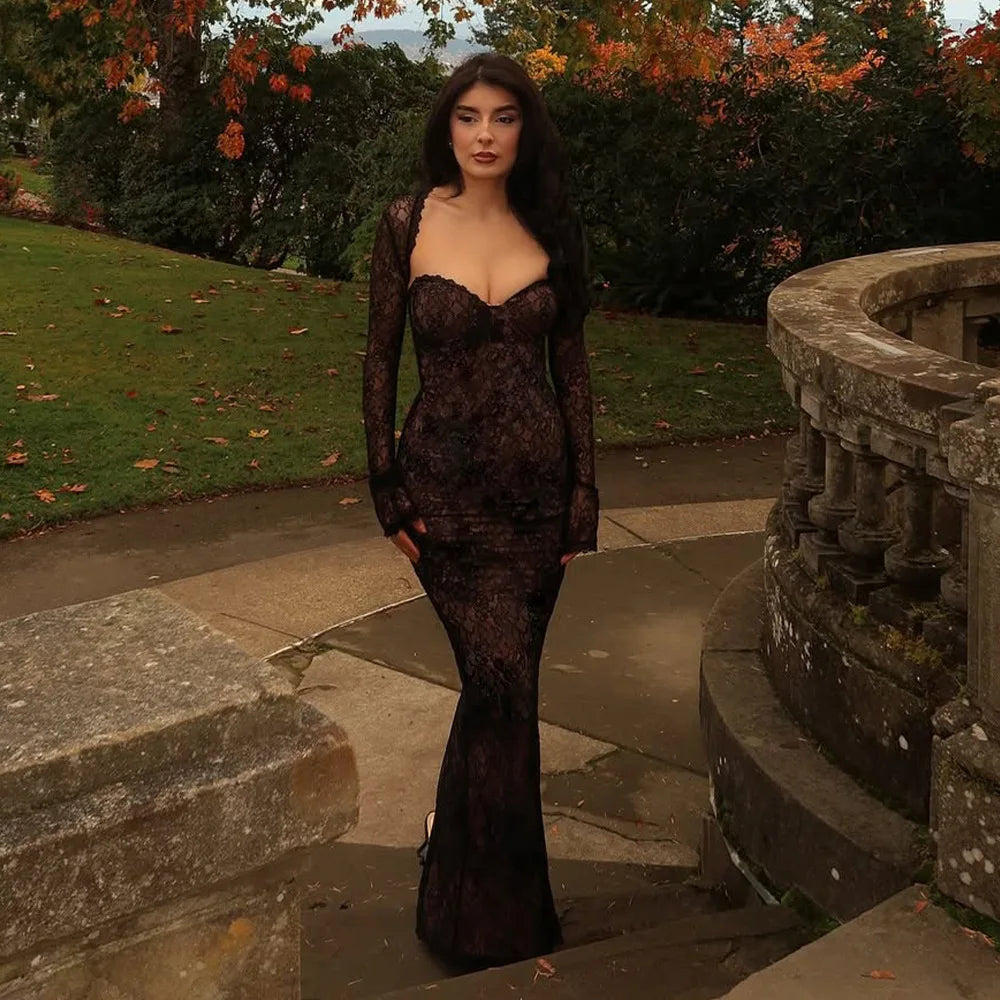 Women Halter Thin Strap Bustier Long Sleeve Shrug Sheer Floral Lace Bodycon Maxi Evening Gown Solid See Through Party Dress