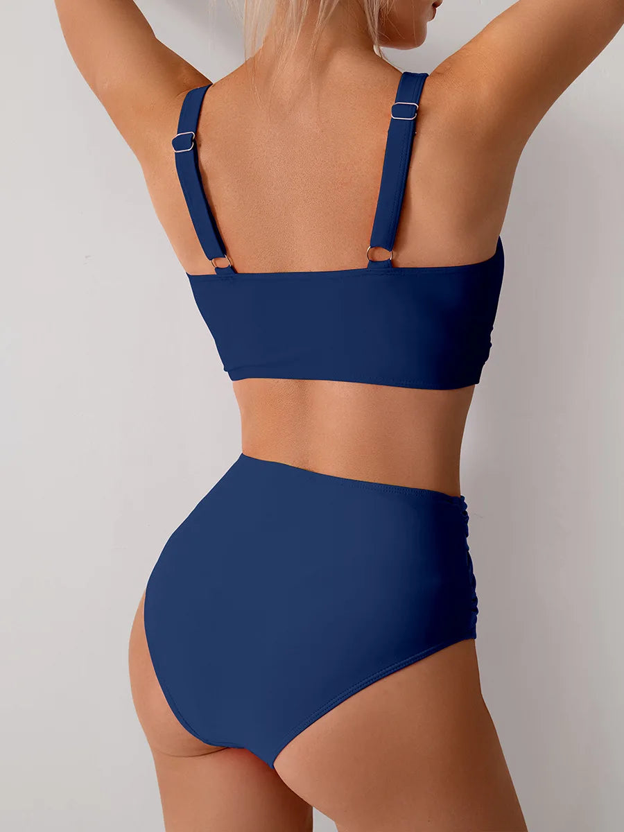 Women's Sexy Solid Color High Waist Bikini Set with Chest Pad Split Two-Piece Beach Pool Bathing Suits