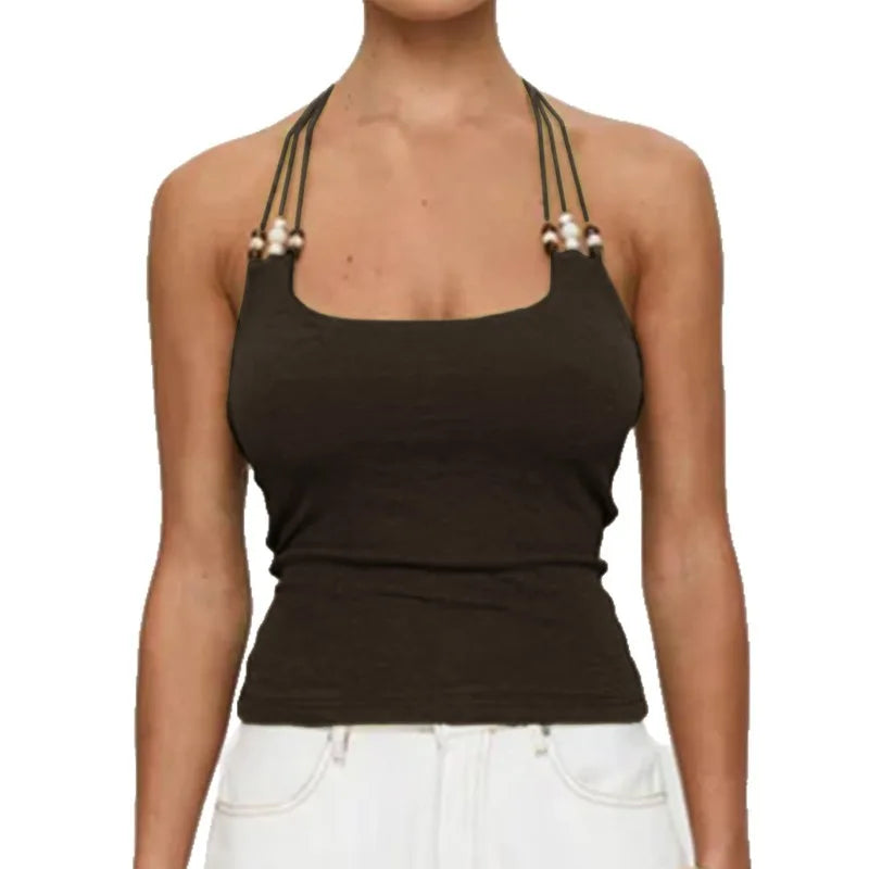 Women Beaded Halter Tank Top Vintage Summer Solid Color Tie up Sleeveless Backless Cami Shirts Y2k Grunge Clothes