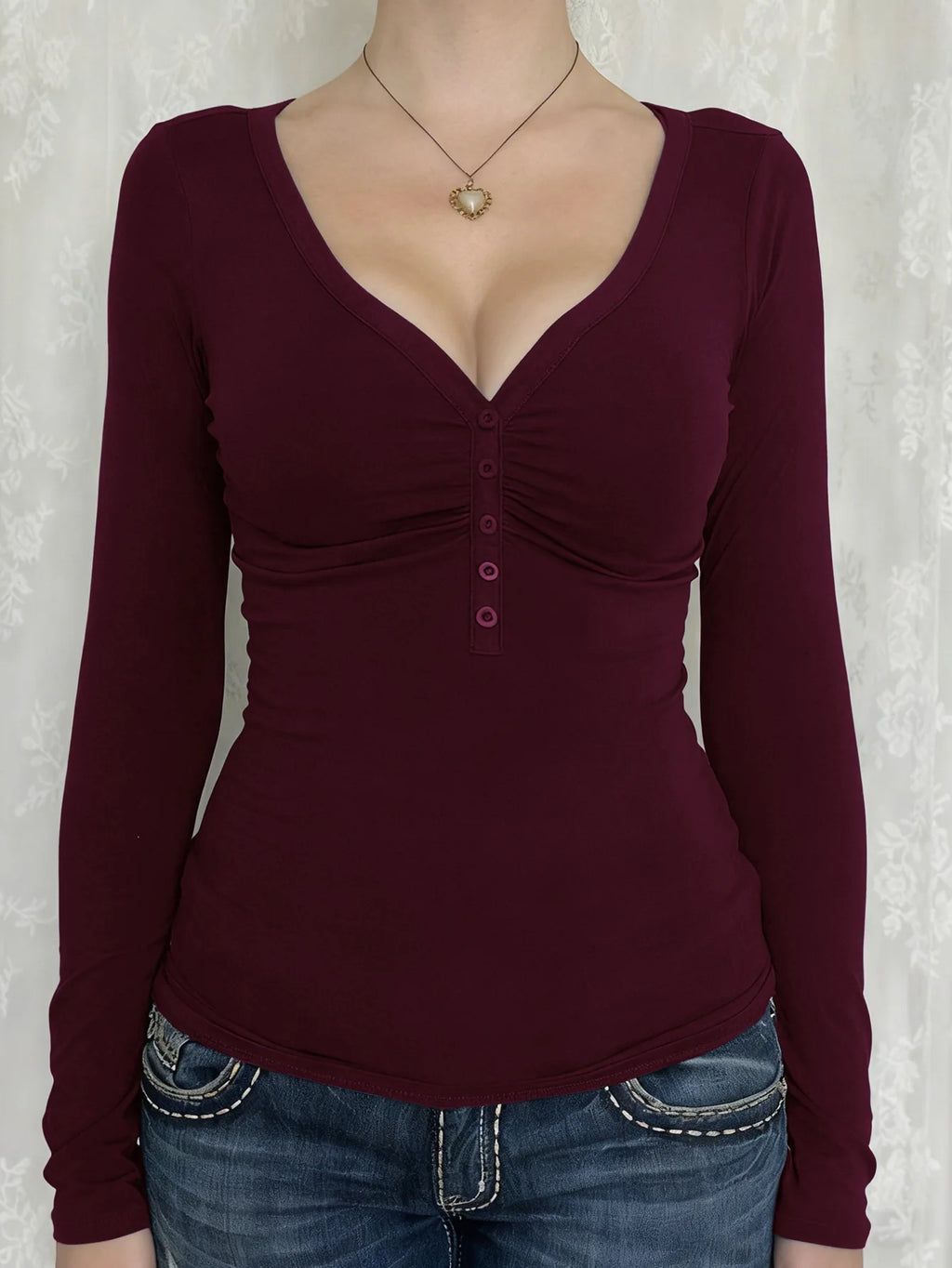 Women Y2K Slim Button V-Neck Long Sleeve Knitted T-Shirt Female Clothing Temperament Commuting Women Solid Casual Skinny Top