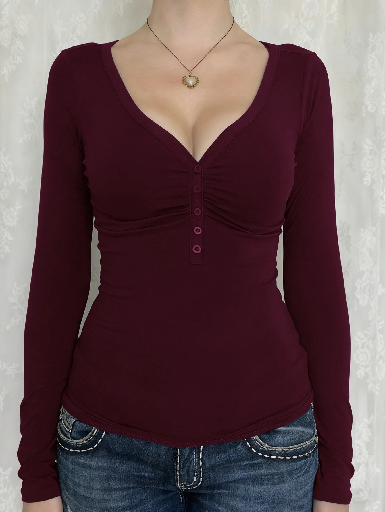 Women Y2K Slim Button V-Neck Long Sleeve Knitted T-Shirt Female Clothing Temperament Commuting Women Solid Casual Skinny Top