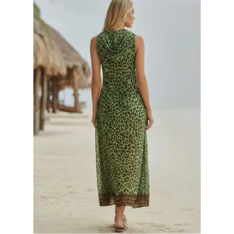Women Sleeveless Hooded Zip Front Animal Spot Print Midi Dress Loose Flowy Swing Hem Pocket Long Outfit