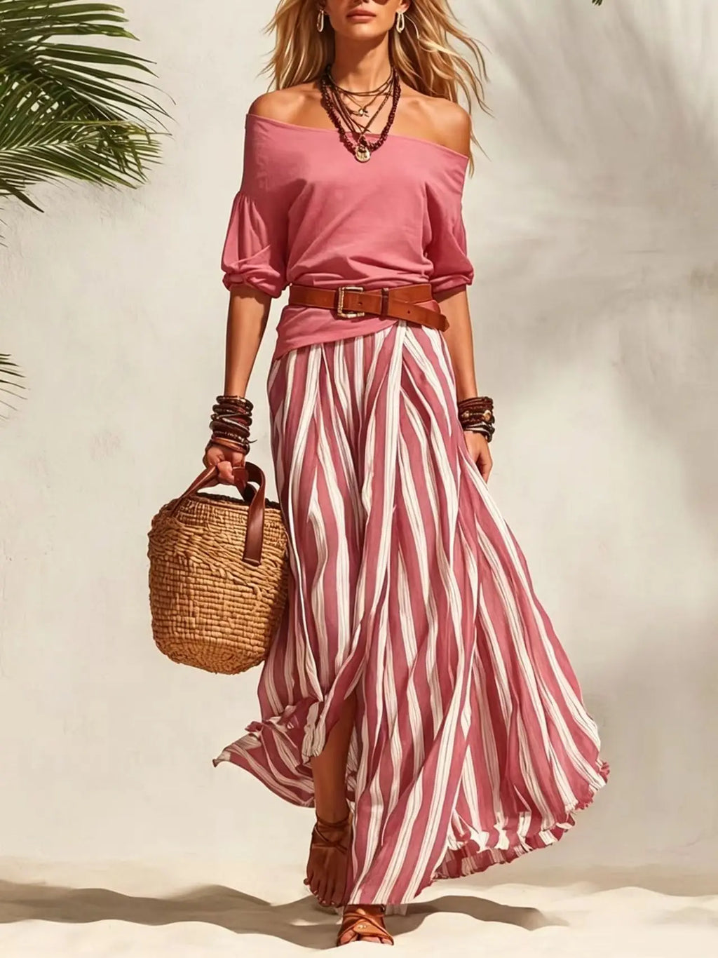 Women's Summer Off Shoulder Half Sleeve Top Vertical Stripe Split Maxi Skirt Two Piece Suit Loose Flowy Matching Set 2026