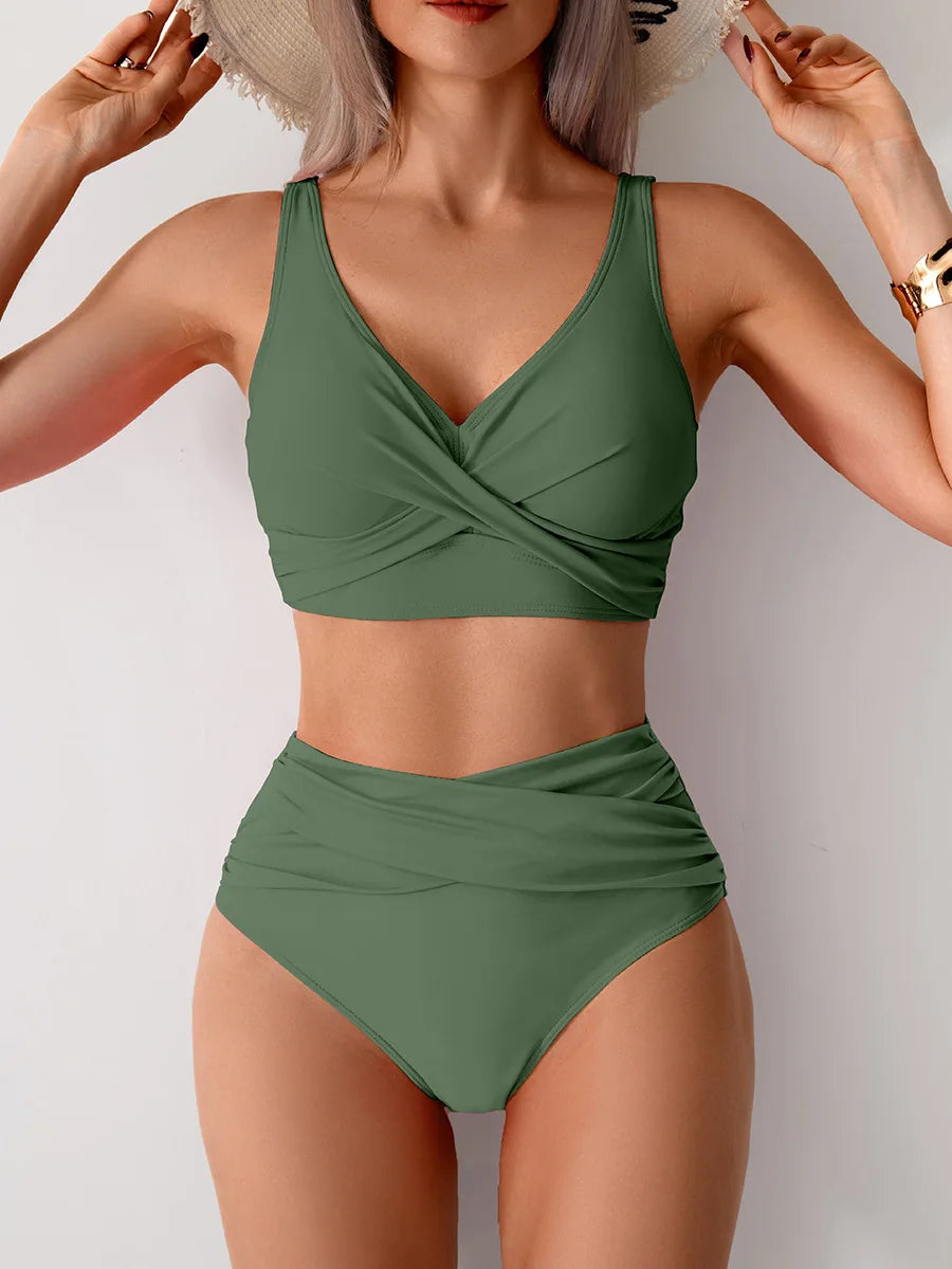 Women's Sexy Solid Color High Waist Bikini Set with Chest Pad Split Two-Piece Beach Pool Bathing Suits