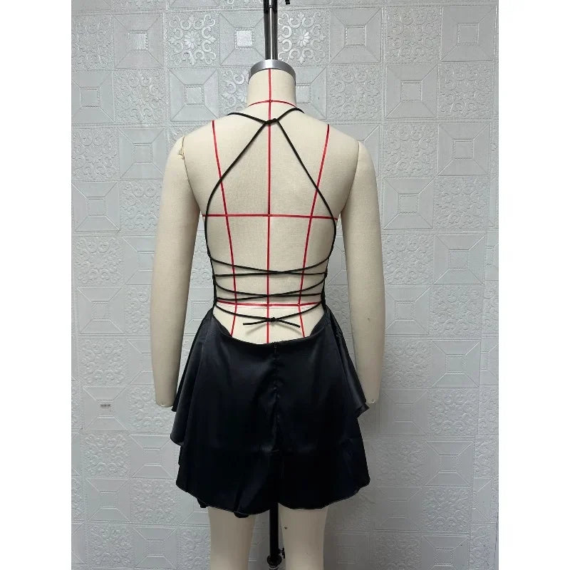 Women Sexy Satin Sleeveless Cami Playsuit Solid Cowl Neck Cross Tie Backless Short Jumpsuit Fashion Slim Fit Summer Romper