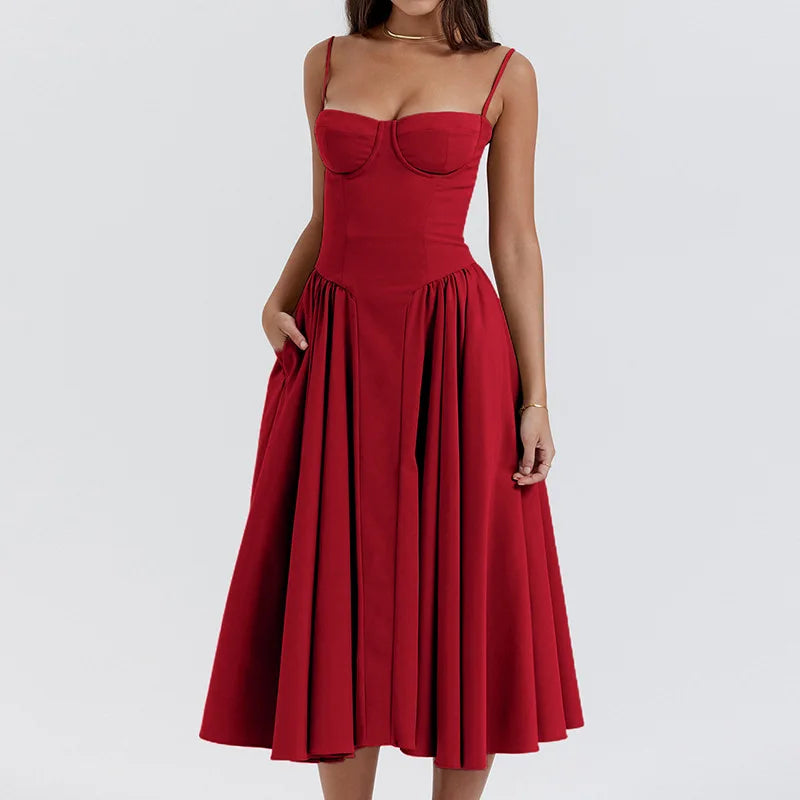 Women's French Retro Elegant V-Neck Sleeveless Slip Dress Bohemian Floral Beach Sundress Sexy Slim Fit Waist Cinched Long Dress