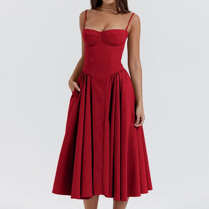 Women's French Retro Elegant V-Neck Sleeveless Slip Dress Bohemian Floral Beach Sundress Sexy Slim Fit Waist Cinched Long Dress