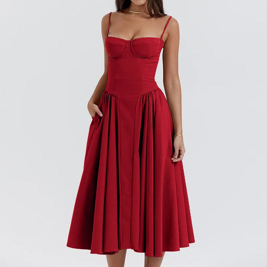Women's French Retro Elegant V-Neck Sleeveless Slip Dress Bohemian Floral Beach Sundress Sexy Slim Fit Waist Cinched Long Dress